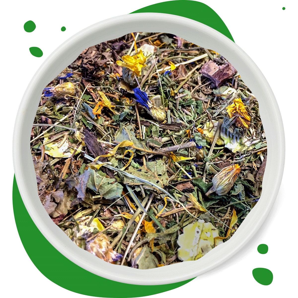 Bunte Knabberei - Heu-Mix 1 Heu-Mix 1 mit Ringelblume in weißer Futterschale – bunte Mischung aus Blüten, Kräutern und Blättern für Nager