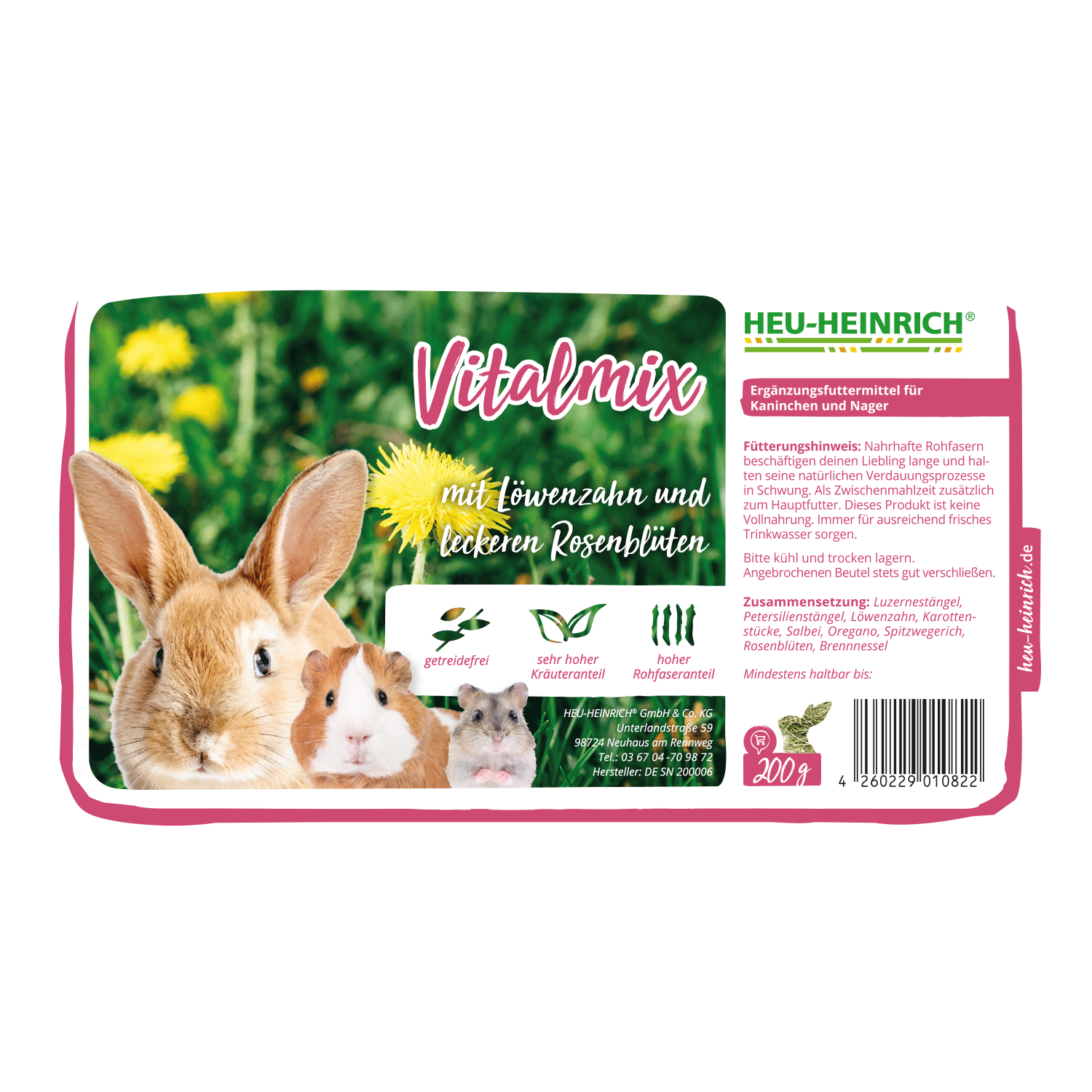 200g Futtermischung " Vital-Mix " von Heu-Heinrich, Trockenfutter für Kaninchen und Nager Ergänzungsfuttermittel-Etikett