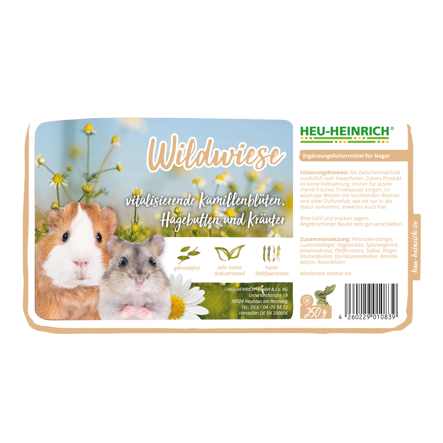 250g Futtermischung " Wildwiese " von Heu-Heinrich, Trockenfutter für Nager Ergänzungsfuttermittel-Etikett
