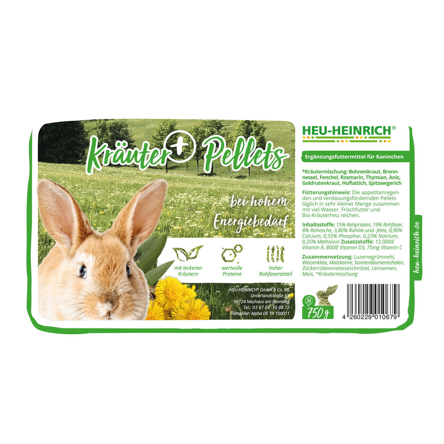 800g Futtermischung "Kräuter Plus Pellets" von Heu-Heinrich, Trockenfutter für Kaninchen. Ergänzungsfuttermittel-Etikett