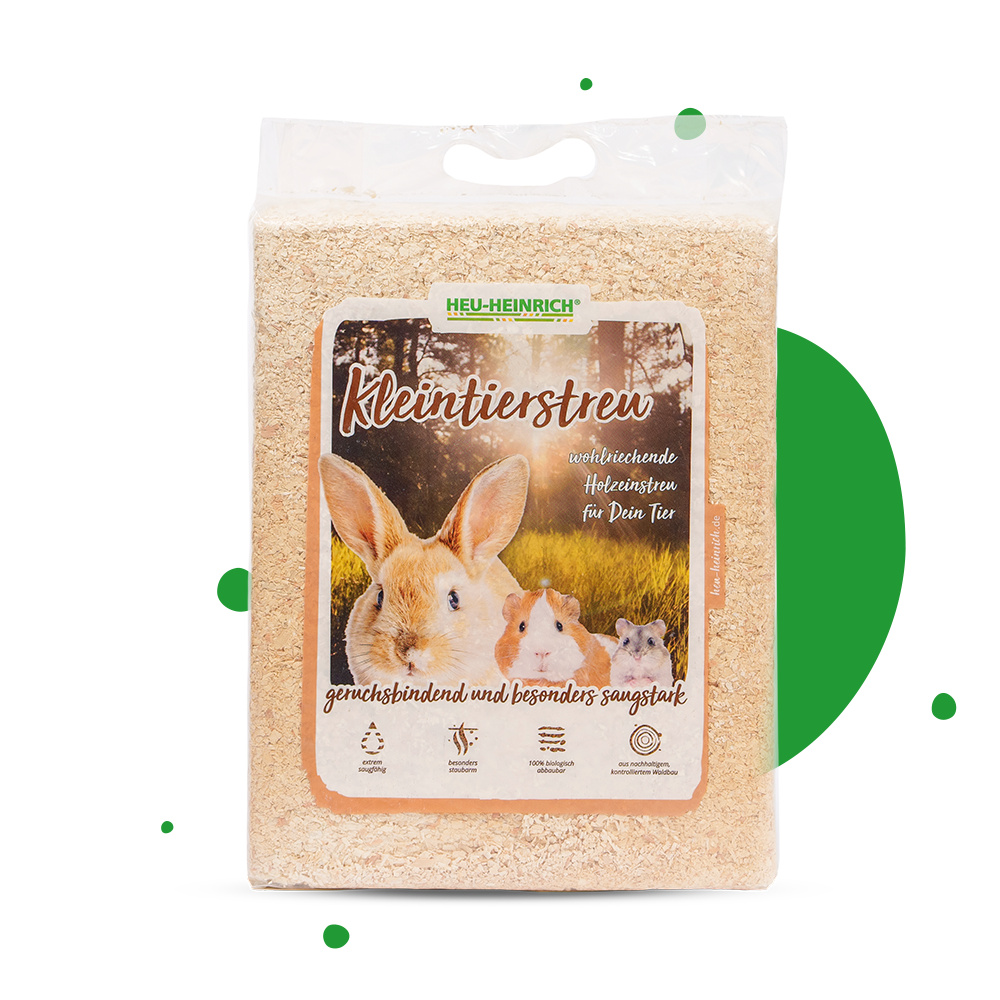 Heu-Heinrich Kleintierstreu 3,2 kg – Vorderseite der Verpackung mit Etikett und Tieren