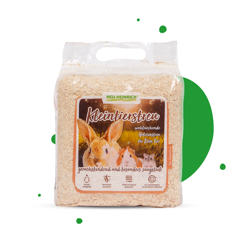 Heu-Heinrich Kleintierstreu 900 g – Vorderseite der kompakten Verpackung mit Etikett und Tieren