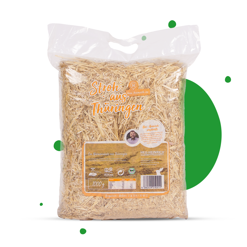 Heu Heinrich Bio-Weizenstroh 1 kg – Rückseite mit Herkunftsinformationen aus Thüringen