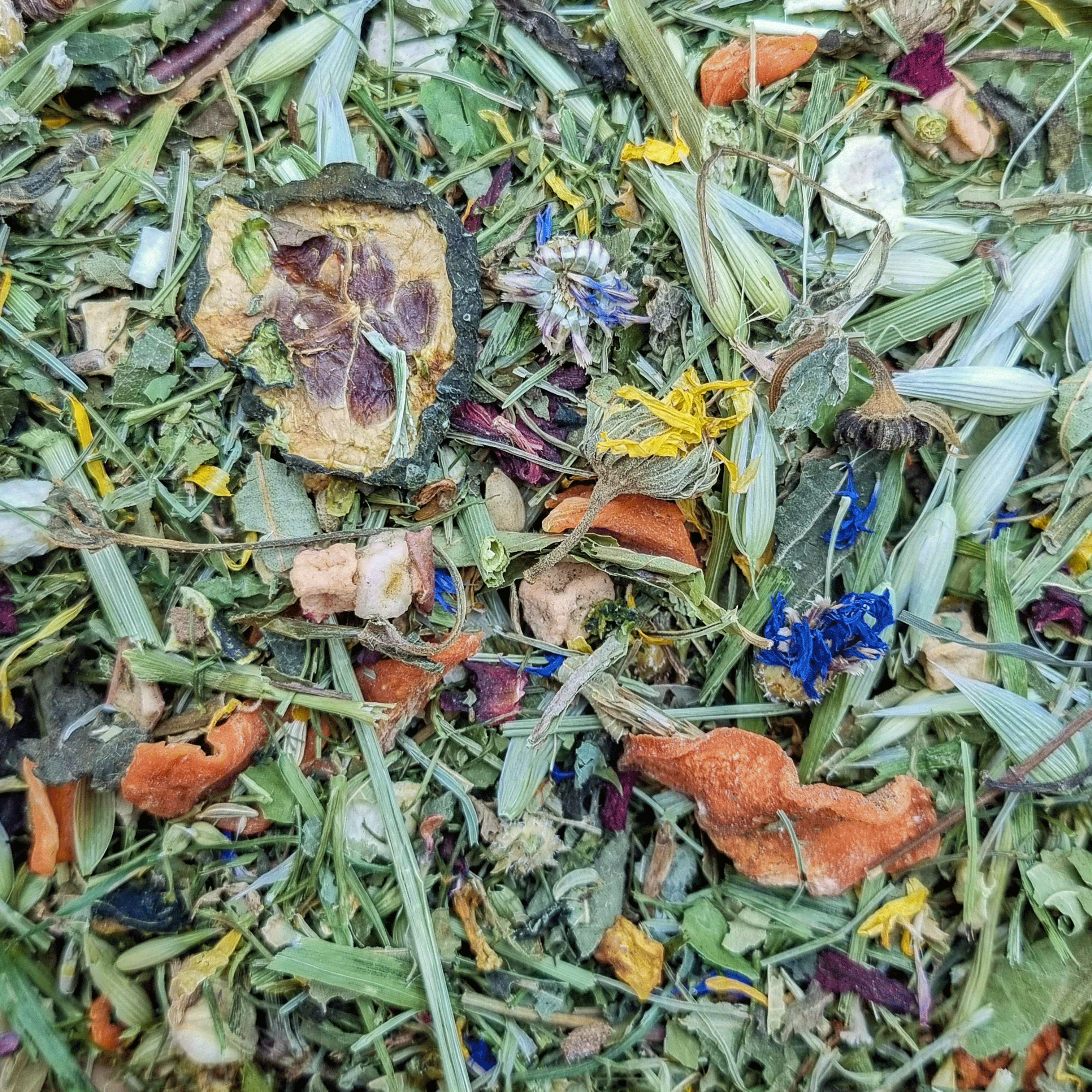 250g Futtermischung "Grüner Knabbermix" von Heu-Heinrich, Trockenfutter für Kaninchen. Ergänzungsfuttermittel Nahaufnahme von den Inhaltsstoffen