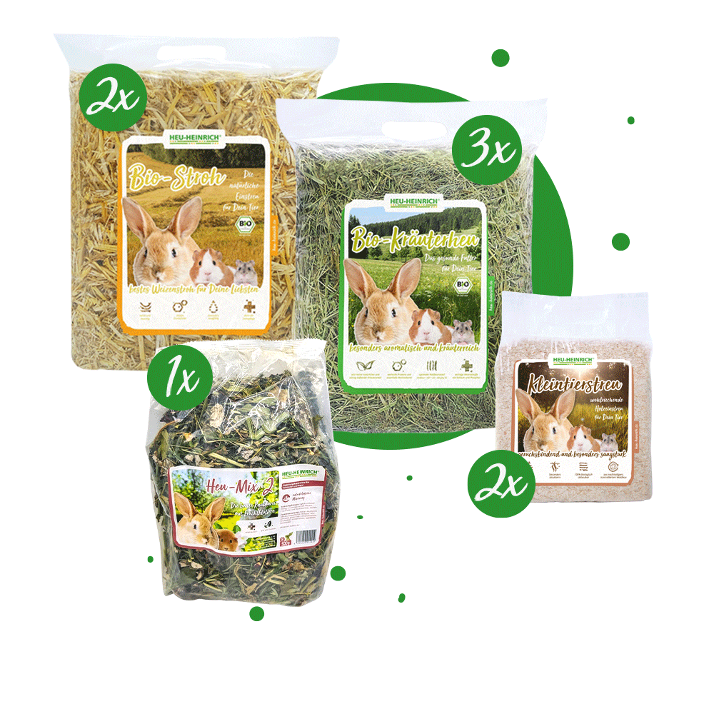 Futterpaket M von Heu-Heinrich mit 3× Bio-Kräuterheu, 2× Bio-Stroh, 1× Heu-Mix 2 und 2× Kleintierstreu – für Nager und Kaninchen