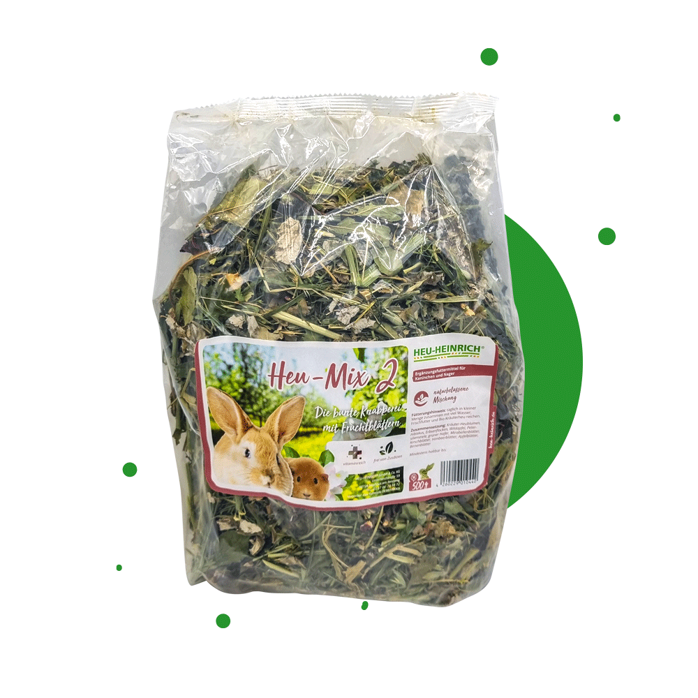 500g Futtermischung "Bunte Knabberei – Heu-Mix2" von Heu-Heinrich, Trockenfutter für alle Nager. Ergänzungsfuttermittel Foto in durchsichtiger Folienverpackung.