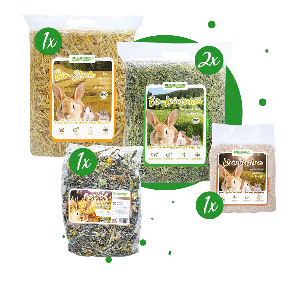 Futterpaket S für Kleintiere mit 2× Bio-Kräuterheu, Bio-Stroh, Heu-Mix und Kleintierstreu von Heu-Heinrich