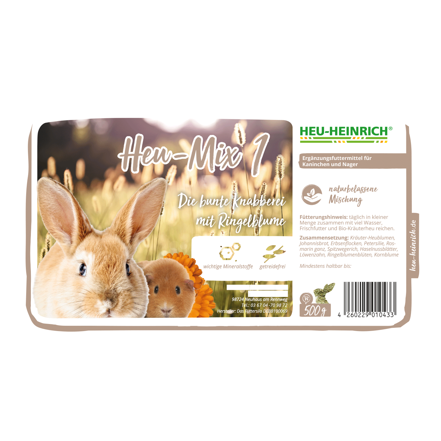 Etikett des Heu-Mix 1 von Heu-Heinrich mit Kaninchenbild, Zusammensetzung, Fütterungshinweis und Gewicht (500 g)