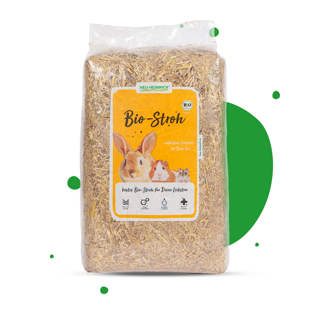 Bio-Stroh von Heu-Heinrich – Vorderseite der 4 kg Verpackung mit gelbem Etikett und Kleintier-Motiv