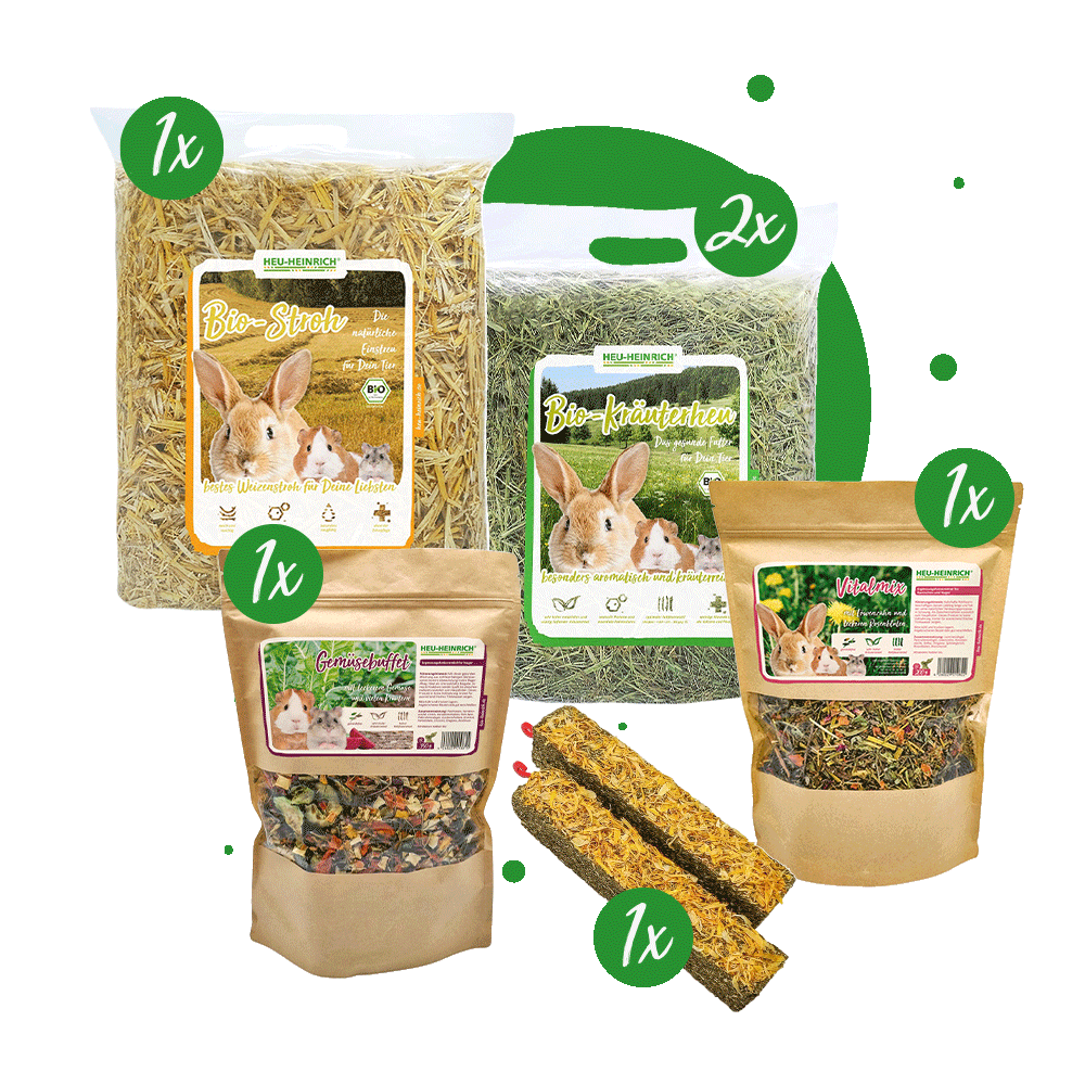 Das Bild zeigt den Inhalt des Kräuter und Gemüse Sets. Bio-Kräuterheu 2x 1 kg, Bio-Stroh 1x 1 kg, Gemüsebuffet 1x 350 g, •  Knabbersticks Ringelblume 1x 250 g
