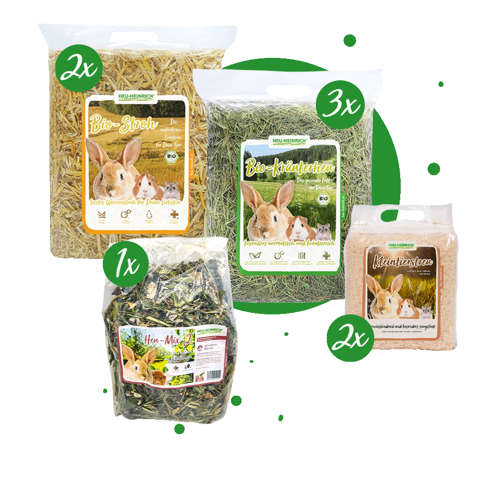 Das Bild zeigt den Inhalt des Pakets M. Bio-Kräuterheu 3x 1 kg, Kleintierstreu 2x 900g, Bio-Stroh 2x 1 kg, Heu-Mix 2 1x 500 g.
