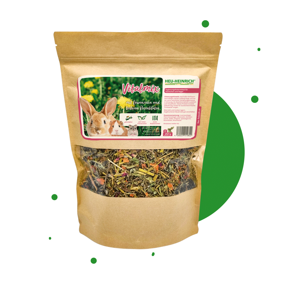 200g Futtermischung " Vital-Mix " von Heu-Heinrich, Trockenfutter für Kaninchen und Nager. Ergänzungsfuttermittel Foto von der braunen Papierverpackung mit Foliensichtfenster. Grüne Punkte im Hintergrund.
