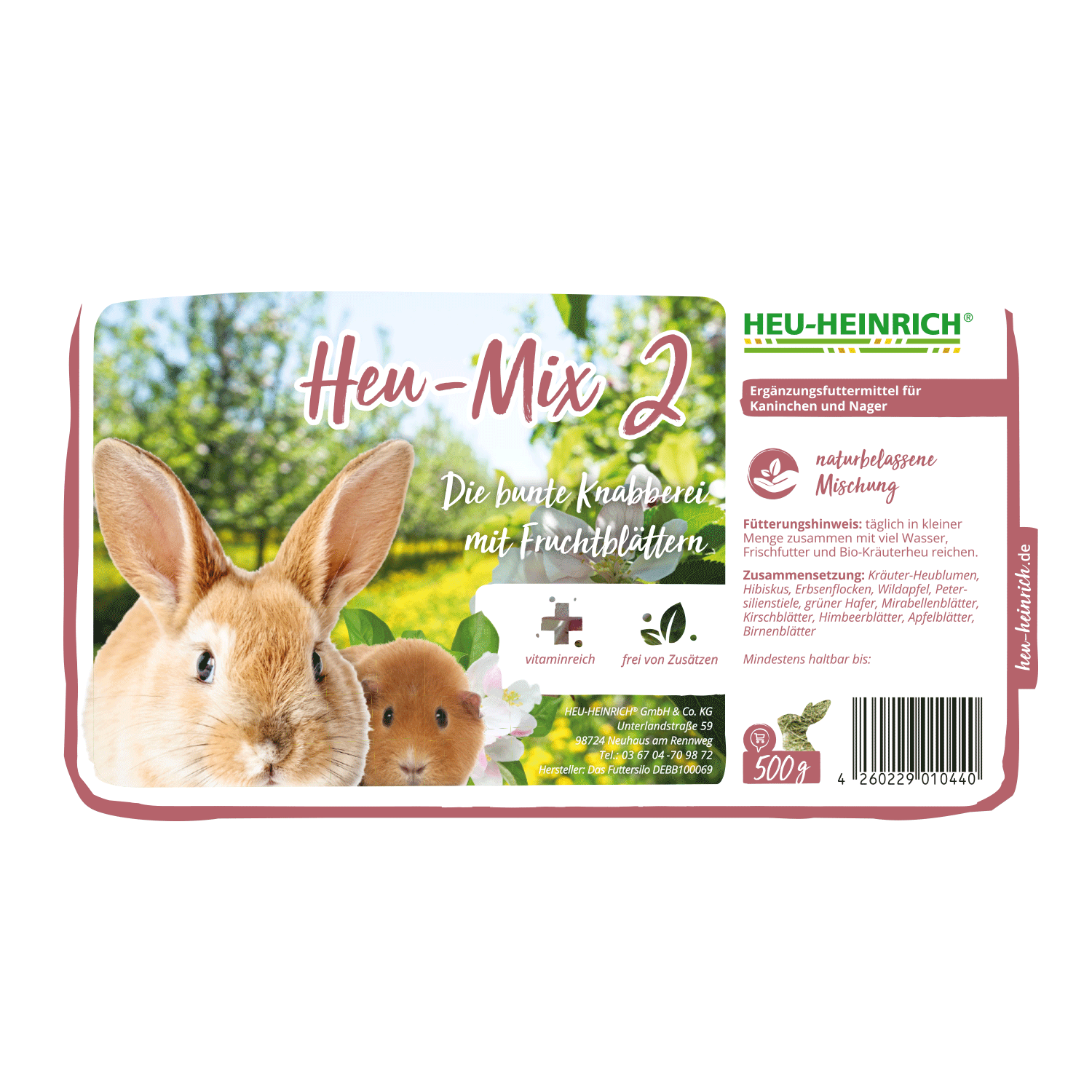 500g Futtermischung "Bunte Knabberei – Heu-Mix2" von Heu-Heinrich, Trockenfutter für alle Nager. Ergänzungsfuttermittel-Etikett