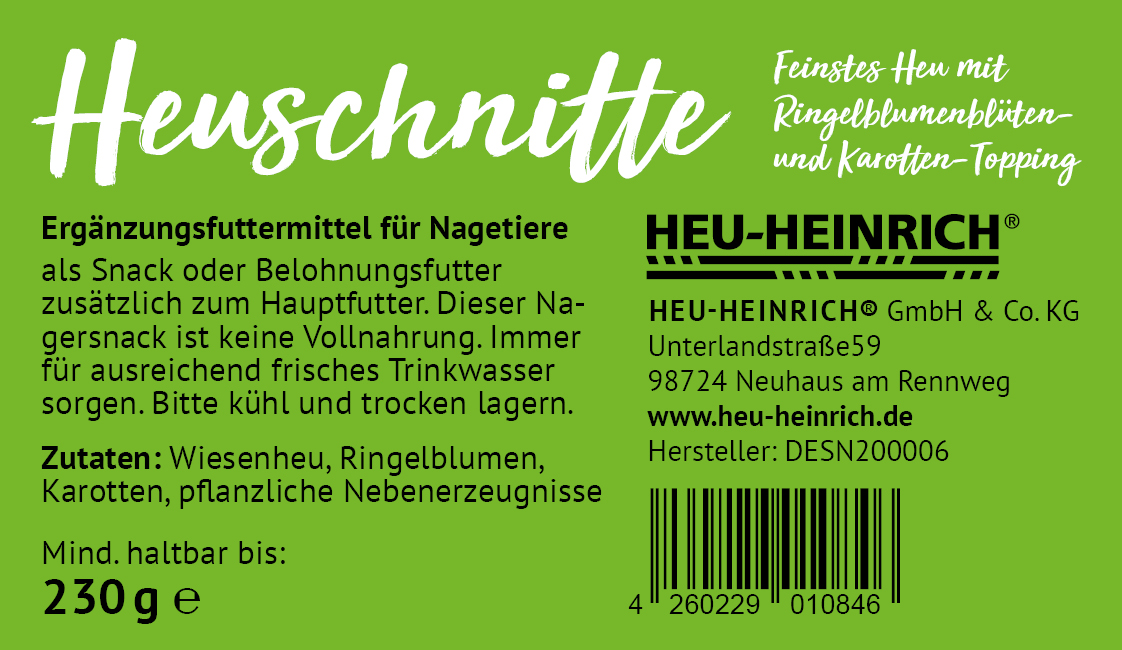 230g Ergänzungsfuttermittel "Heuschnitte" von Heu-Heinrich, Sack/Belohnungsfutter für Nagetiere. Bild vom Etikett.