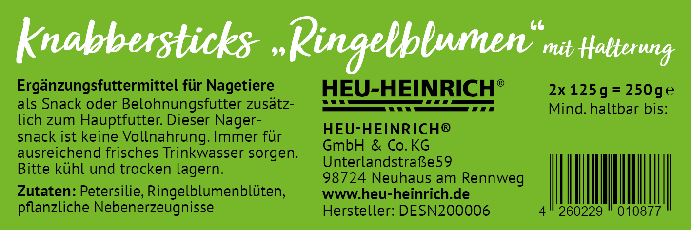 250g Ergänzungsfuttermittel "Knabbersticks- Ringelblumen " von Heu-Heinrich, Sack/Belohnungsfutter für Nagetiere. Bild vom Etikett.