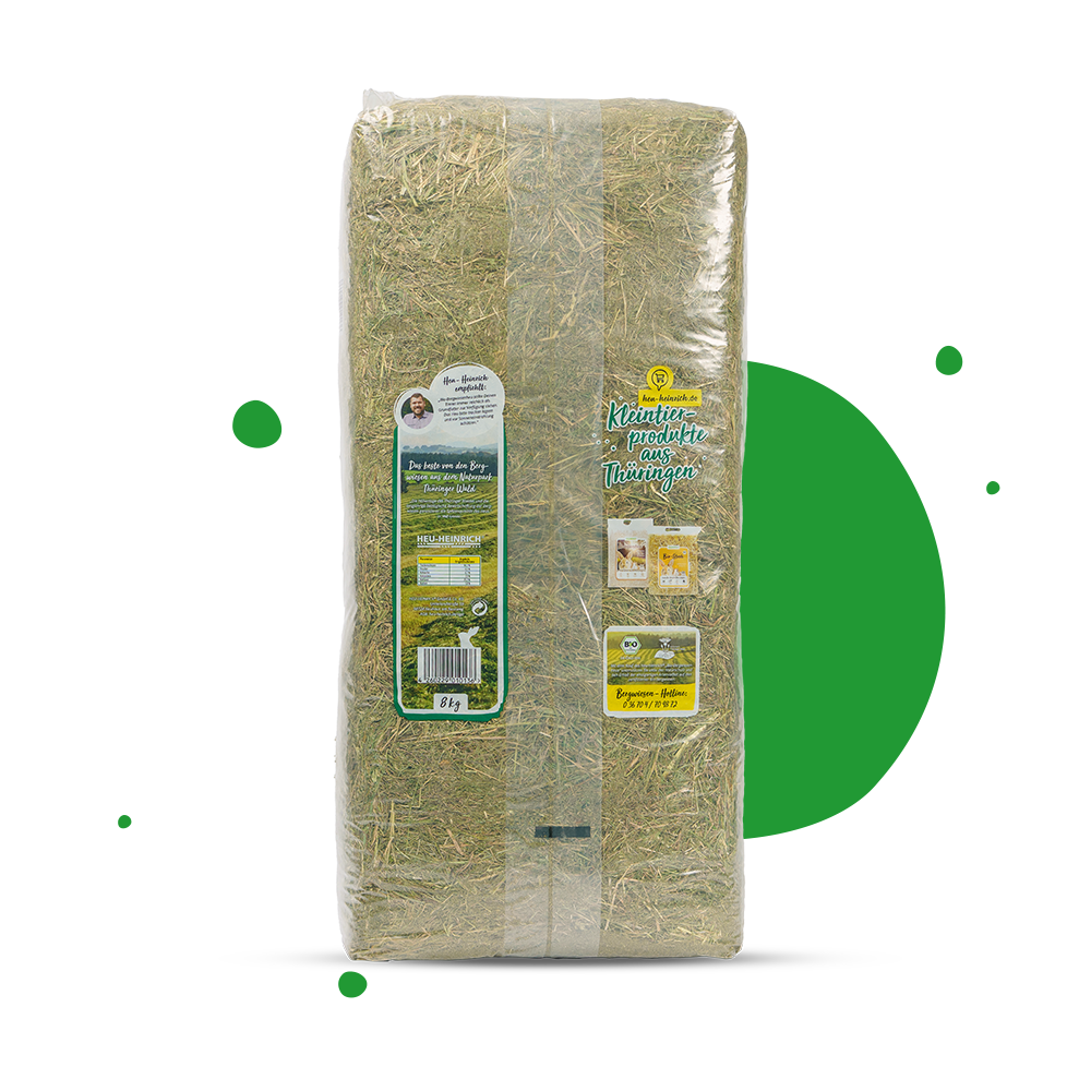 8 kg Bio-Bergwiesenheu von Heu-Heinrich – Rückseite mit Produktinformationen und Fütterungshinweis