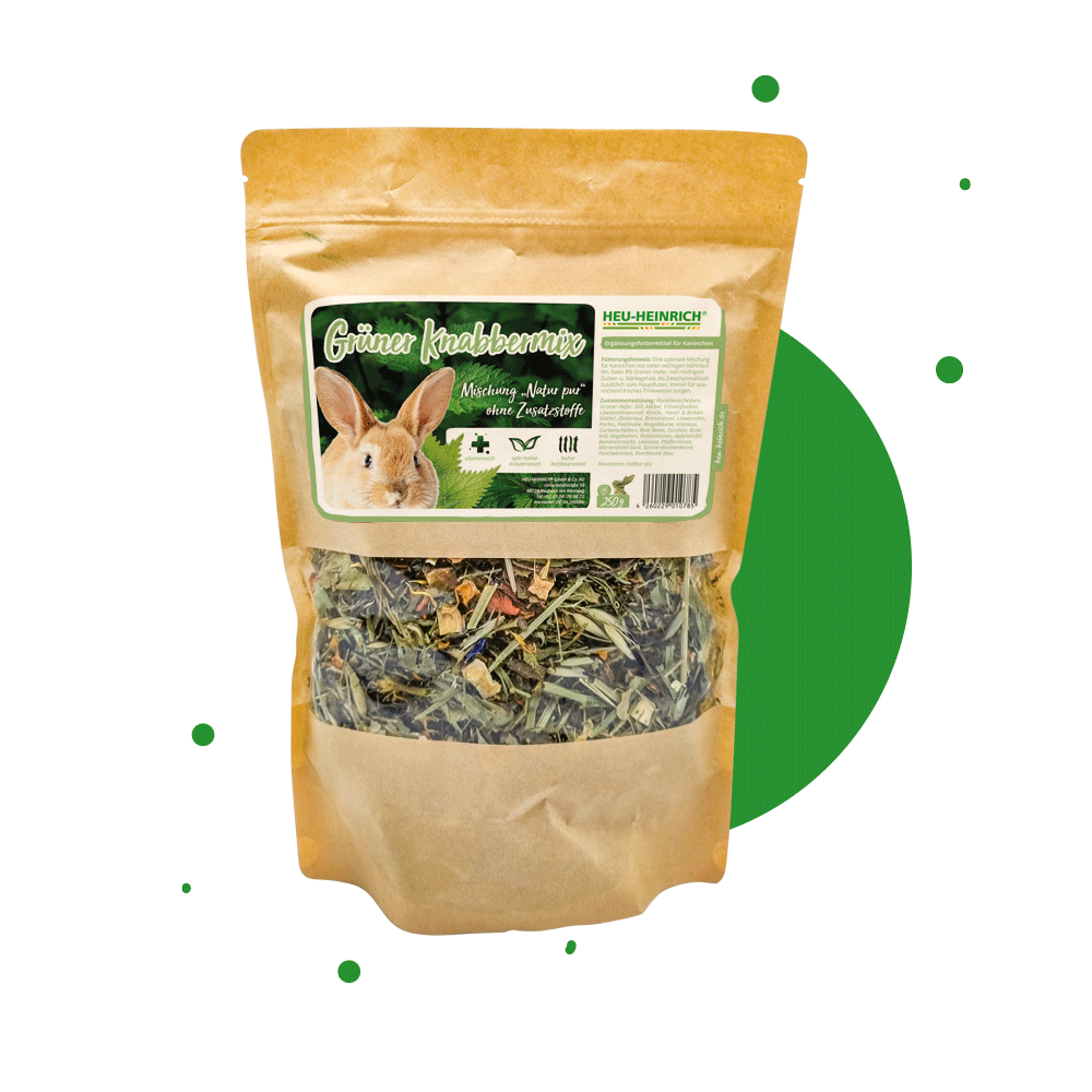 250g Futtermischung "Grüner Knabbermix" von Heu-Heinrich, Trockenfutter für Kaninchen. Ergänzungsfuttermittel Foto von der braunen Papierverpackung mit Foliensichtfenster. Grüne Punkte im Hintergrund.