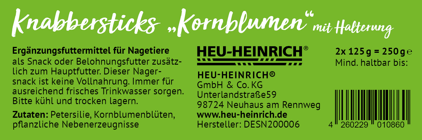 250g Ergänzungsfuttermittel "Knabbersticks-Kornblume" von Heu-Heinrich, Sack/Belohnungsfutter für Nagetiere. Bild vom Etikett.