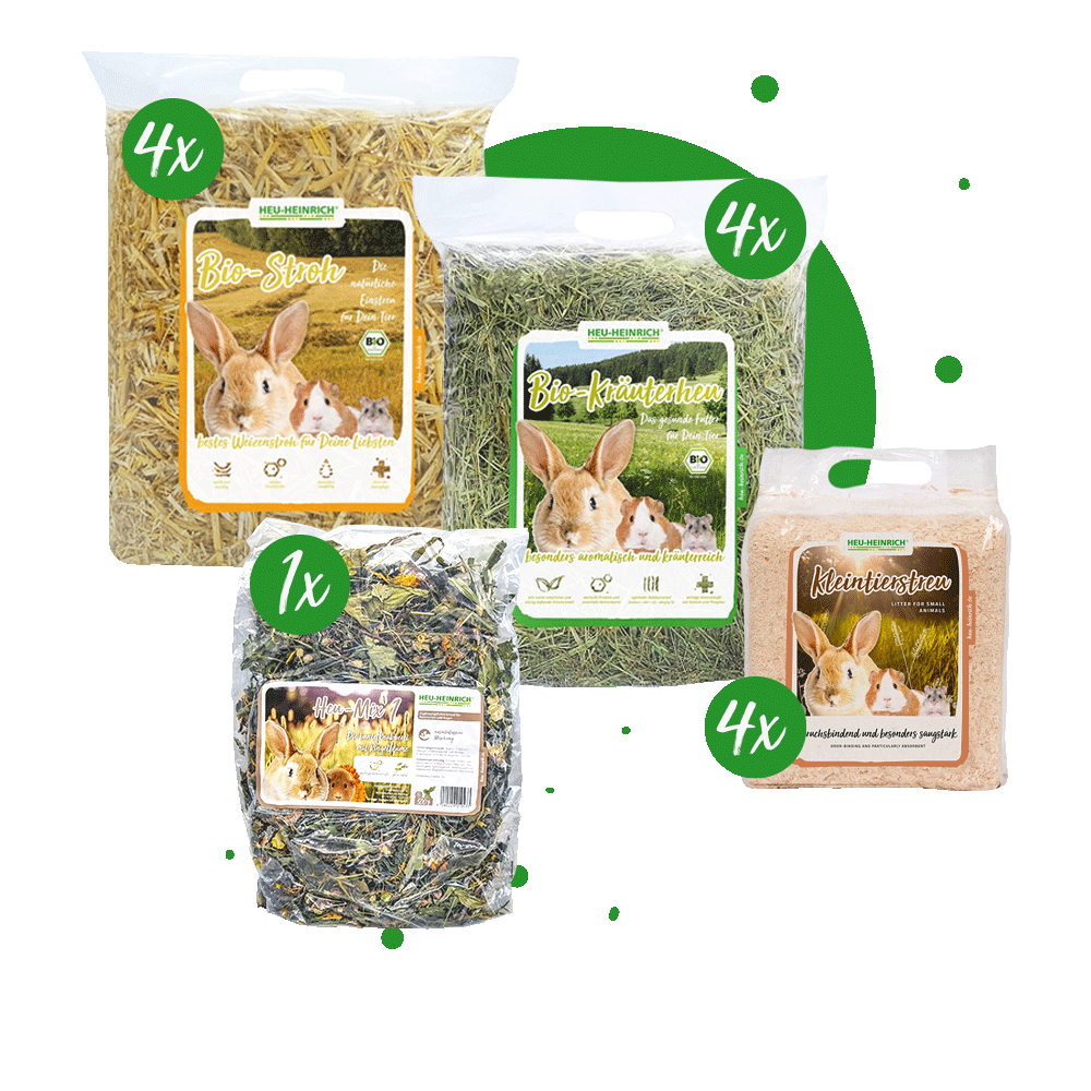 Das Bild zeigt den Inhalt des Pakets L. Bio-Kräuterheu 4x 1 kg, Kleintierstreu 4x 900g, Bio-Stroh 4x 1 kg, Heu-Mix 1 1x 500 g.