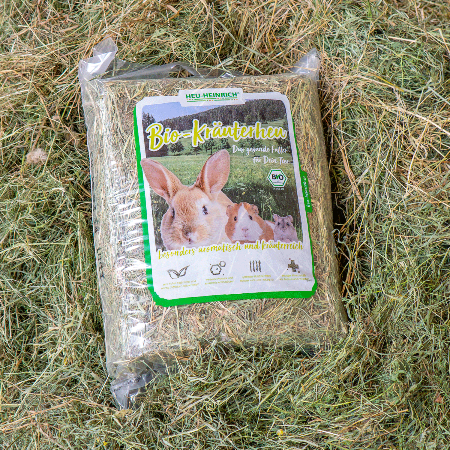 1 kg Beutel Bio-Kräuterheu von Heu-Heinrich auf lockerem Bergwiesenheu – natürliches Kleintierfutter
