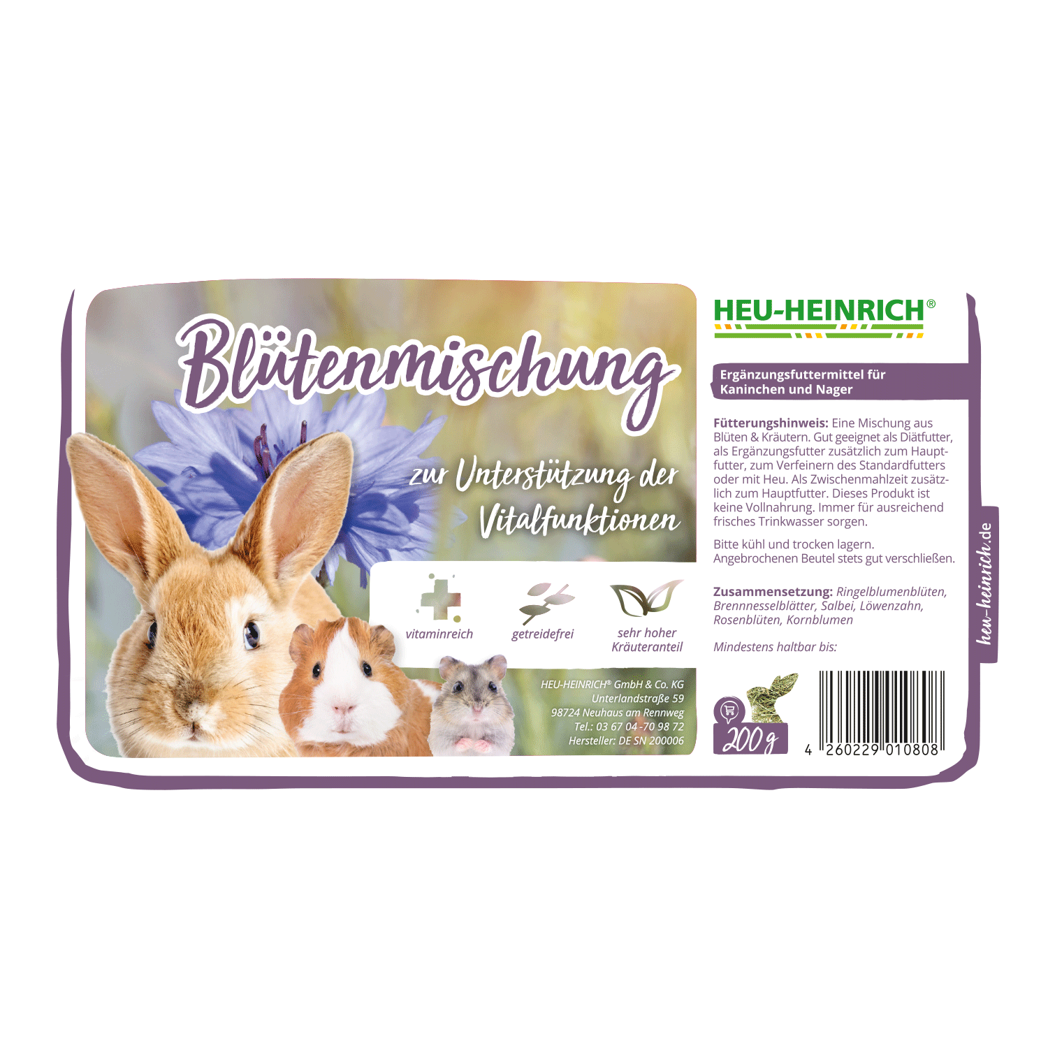 200g Futtermischung " Blütenmischung " von Heu-Heinrich, Trockenfutter für Kaninchen und Nager. Ergänzungsfuttermittel-Etikett