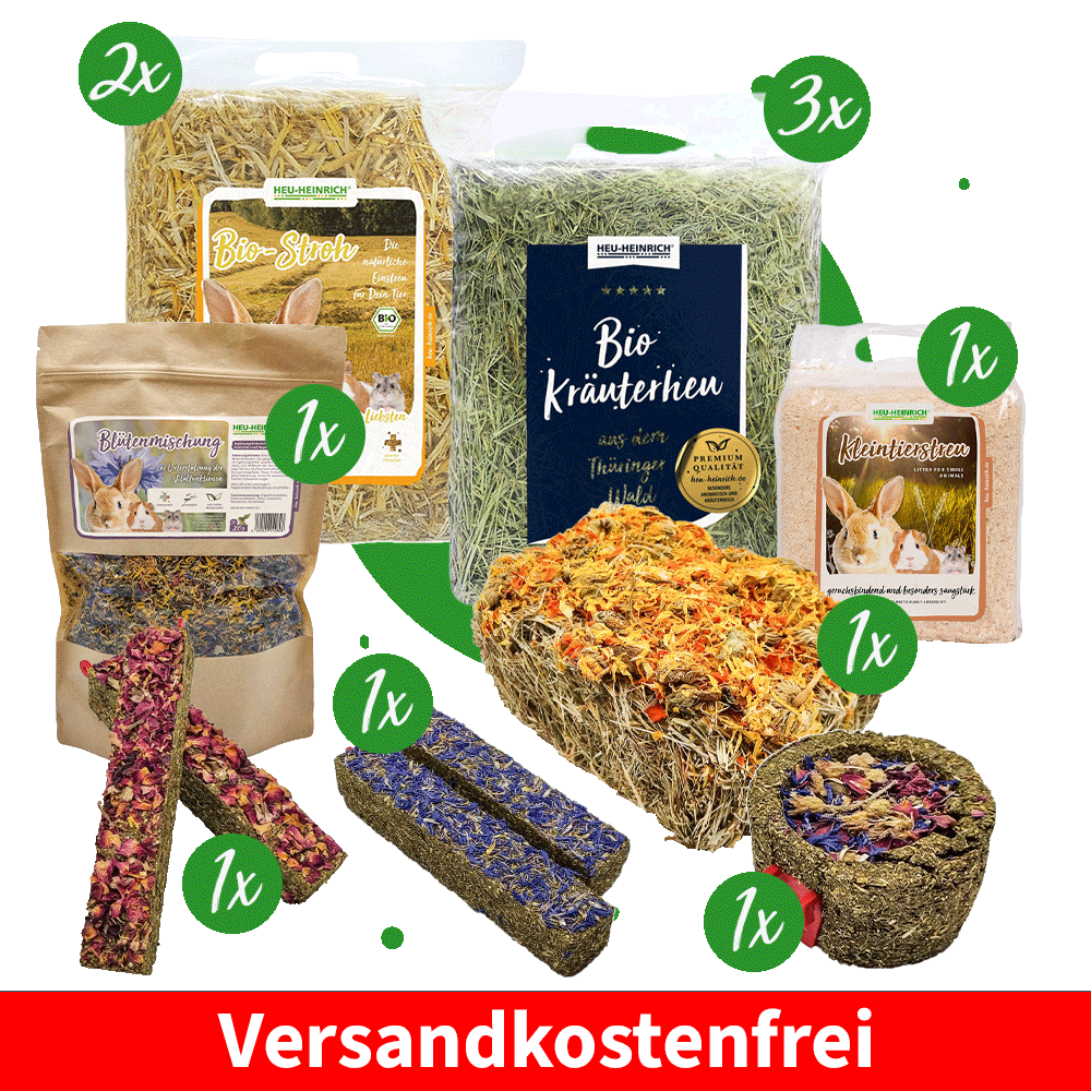 Das Bild zeigt den Inhalt des Premiumsets. Bio-Kräuterheu Premium 3 x 1 kg, Bio-Stroh 2x 1 kg, Kleintierstreu 900 g, Blütenmischung 200 g, Grüner Knabbernapf 140 g, Heuschnitte 230 g, Knabberstick Kornblume 250 g, Knabberstick Rosenblüten 250 g.