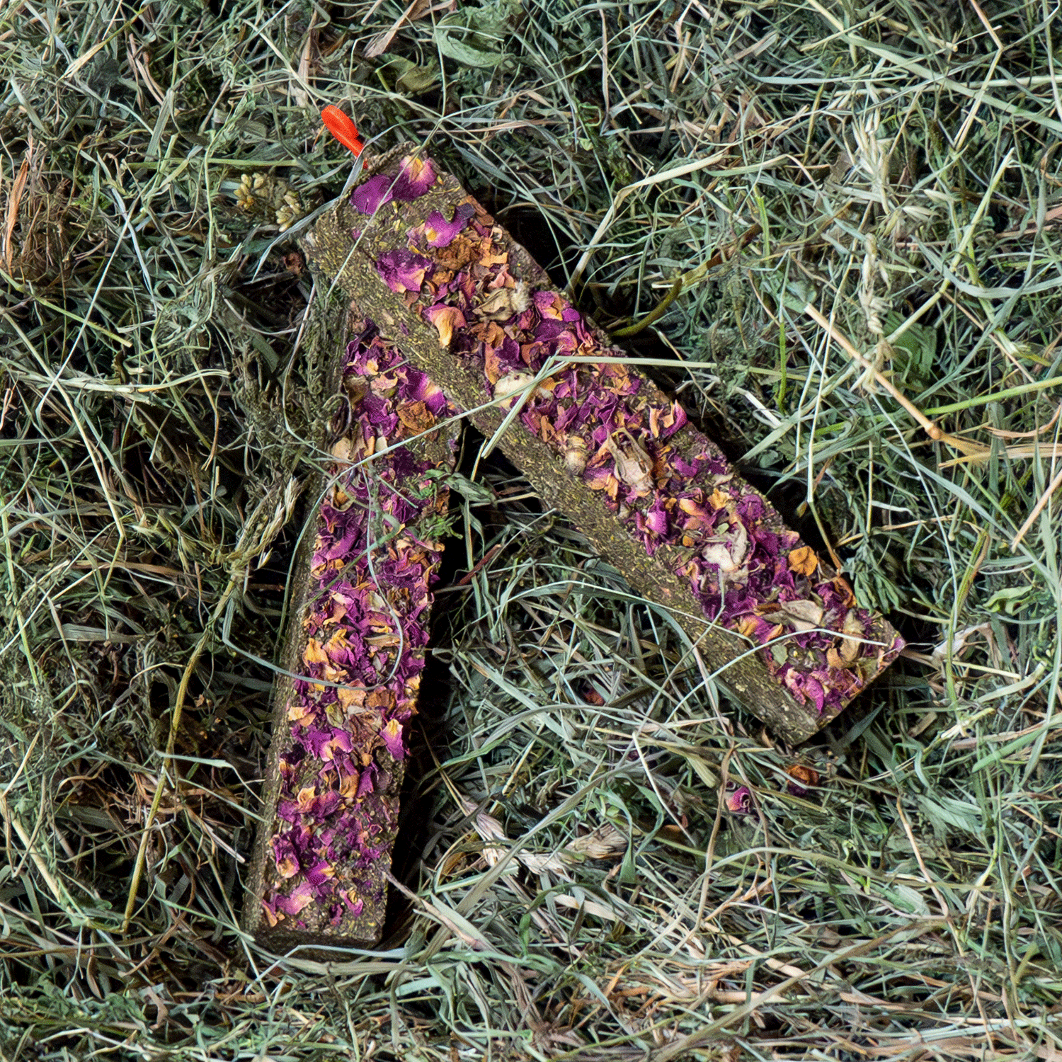 250g Ergänzungsfuttermittel "Knabberstick- Rosenblüten " von Heu-Heinrich, Sack/Belohnungsfutter für Nagetiere. Foto von 2 nebeneinander liegenden Knabberstick- Rosenblüten, im Heu liegend. Heu in länglicher rechteckiger Form gepresst und einem Topping mi