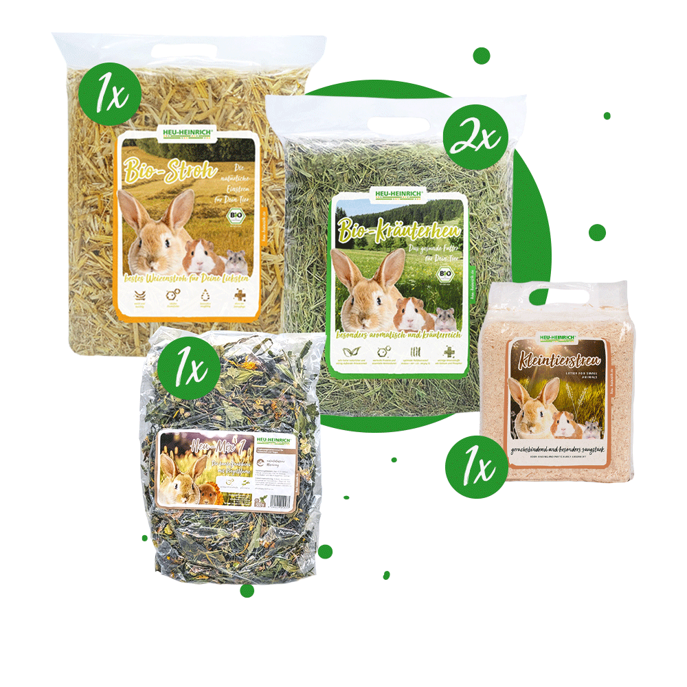 Das Bild zeigt den Inhalt des Pakets S. Bio-Kräuterheu 2x 1 kg, Bio-Stroh 1x 1 kg, Kleintierstreu 1x 900g, Heu-Mix 1 1x 500 g.