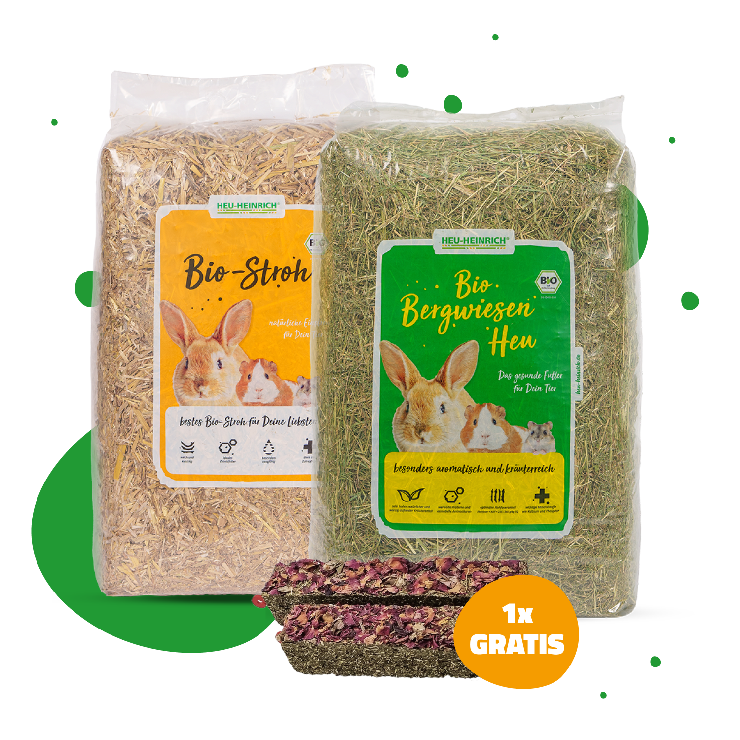 Aktion mit 4 kg Bio-Stroh und 4 kg Bio-Bergwiesenheu von Heu-Heinrich plus gratis Knabberstick für Kleintiere
