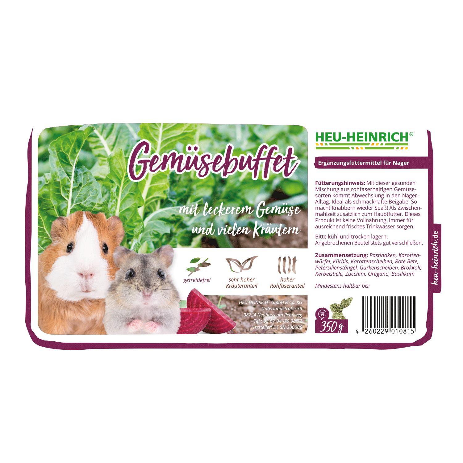 350g Futtermischung "Gemüsebuffet" von Heu-Heinrich, Trockenfutter für Nager. Ergänzungsfuttermittel-Etikett