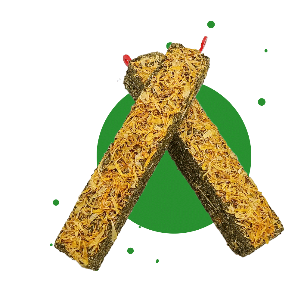 250g Ergänzungsfuttermittel "Knabbersticks-Ringelblumen" von Heu-Heinrich, Sack/Belohnungsfutter für Nagetiere. Foto von 2 im Kreuz übereinander liegenden Knabberstick-Ringelblumen. Heu in länglicher rechteckiger Form gepresst und einem Topping mit Ringel