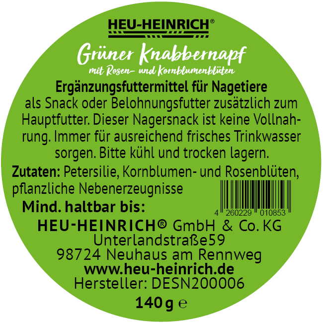 140g Ergänzungsfuttermittel "Grüner Knabbernapf" von Heu-Heinrich, Sack/Belohnungsfutter für Nagetiere. Bild vom Etikett.