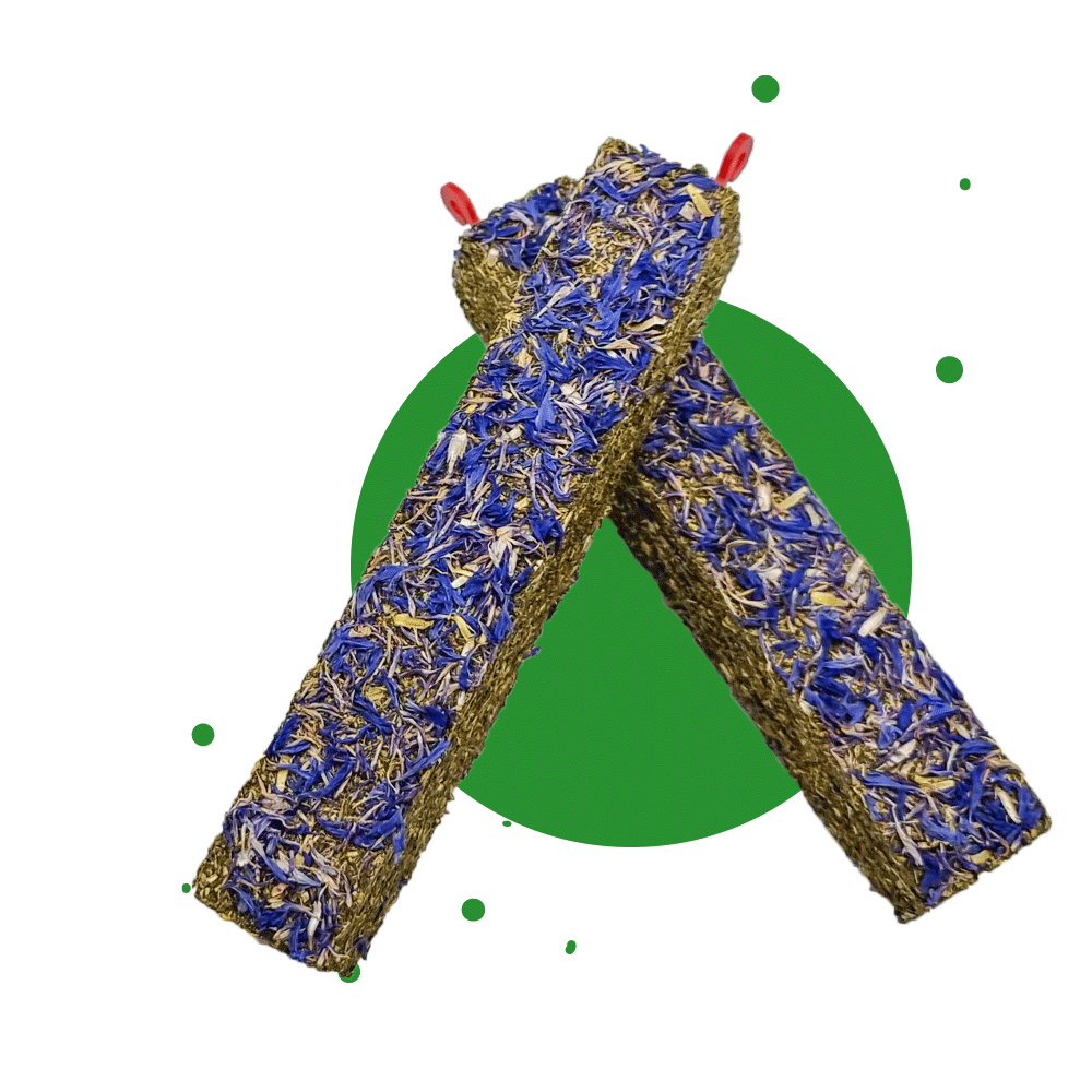 250g Ergänzungsfuttermittel "Knabbersticks-Kornblumen" von Heu-Heinrich, Sack/Belohnungsfutter für Nagetiere. Foto von 2 im Kreuz übereinander liegenden Knabberstick-Kornblumen. Heu in länglicher rechteckiger Form gepresst und einem Topping mit Kornblumen