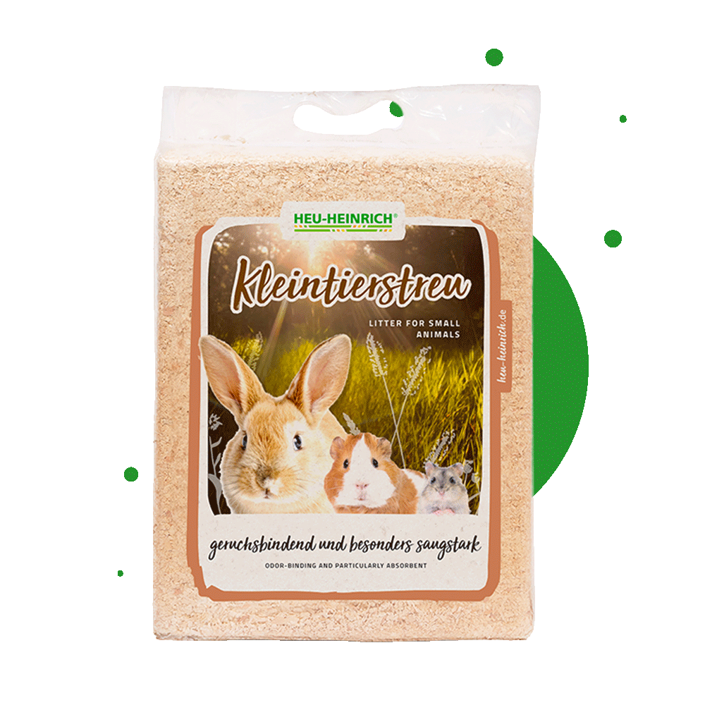 Heu-Heinrich Kleintierstreu 3,2 kg – Vorderseite der Verpackung mit Etikett und Tieren