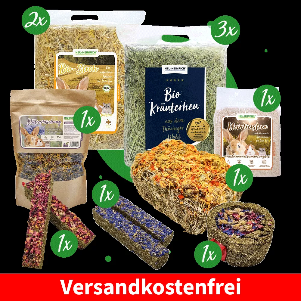 Das Bild zeigt den Inhalt des Premiumsets. Bio-Kräuterheu Premium 3 x 1 kg, Bio-Stroh 2x 1 kg, Kleintierstreu 900 g, Blütenmischung 200 g, Grüner Knabbernapf 140 g, Heuschnitte 230 g, Knabberstick Kornblume 250 g, Knabberstick Rosenblüten 250 g.